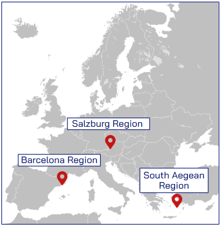 Location of the case study regions of the ICARIA project.